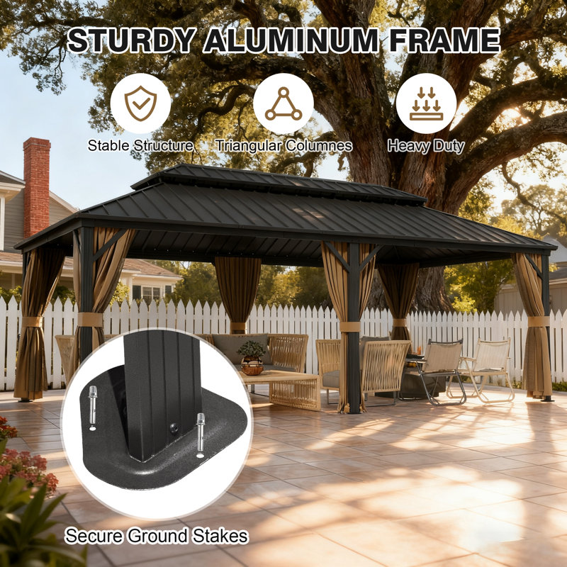  Outdoor Patio Gazebo, Hardtop Gazebo with Galvanized Steel Roof & Aluminum Frame,Heavy Duty Permanent Pavilion with Netting & Curtains for Patio, Lawn, Deck