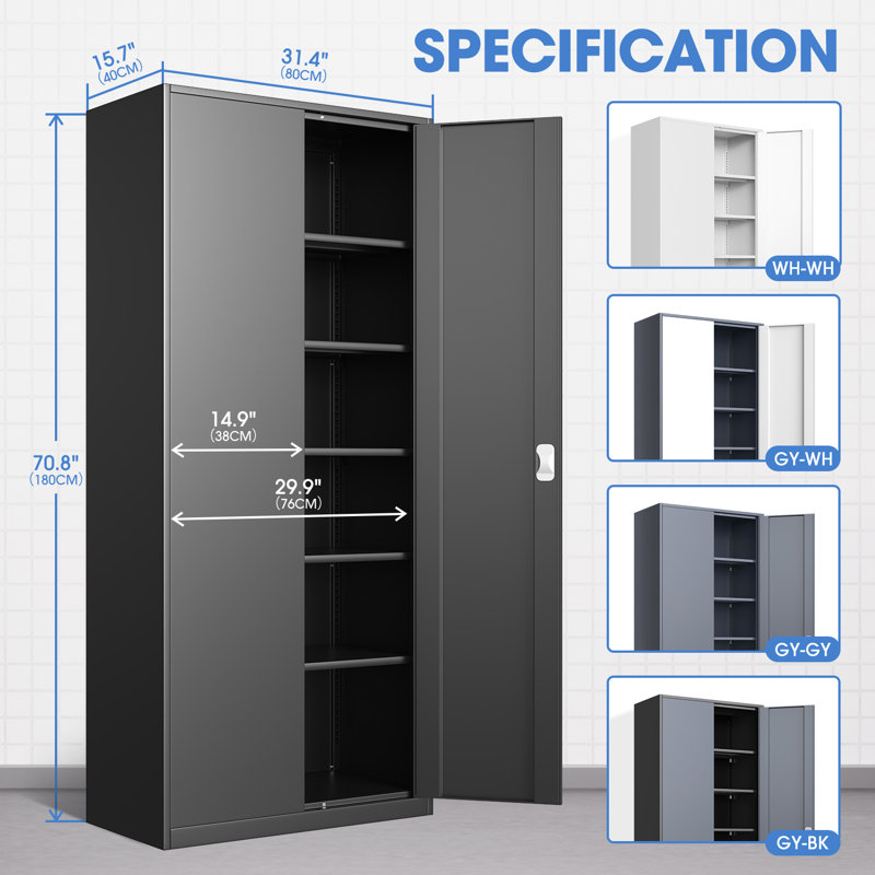 71" Lockable Heavy Duty Metal Storage Cabinet W/ 5 Adjustable Shelves, Black