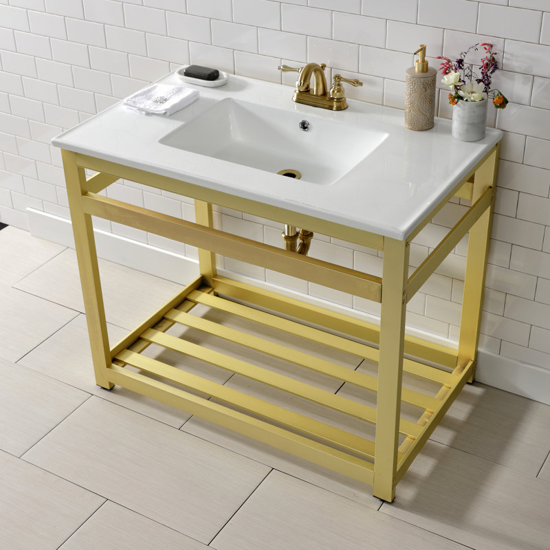 Kingston Brass Restoration Two-Handle 3-Hole Deck Mount 4" Centerset Bathroom Faucet with Plastic Pop-Up, Brushed Brass