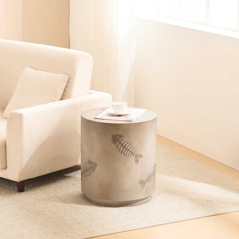 Table d'appoint en oxyde de magnésium 16 po - motif de poisson rustique, hauteur pratique sans assemblage, portable avec ornement intérieur gris pour n'importe où