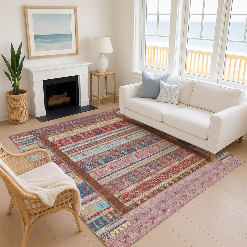 Premium Machine Washable Mayfield AMF2160 Striped Rug, Red, Rectangle 5' x 7'6"