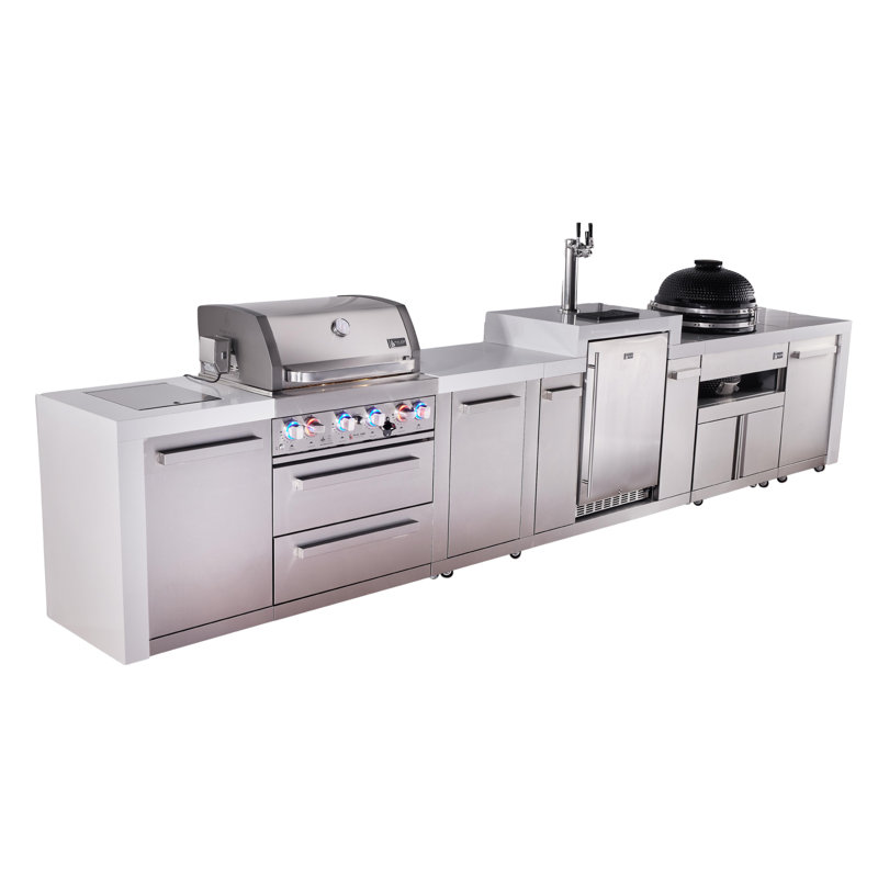 Mont Alpi Premium 4-burner 155" Deluxe Stainless Steel Island Modular Outdoor Kitchen Island Bbq Gas Grill + Infrared Side Burner + Kegerator + Kamado + Storage Drawers And Cabinets + Rotisserie Kit