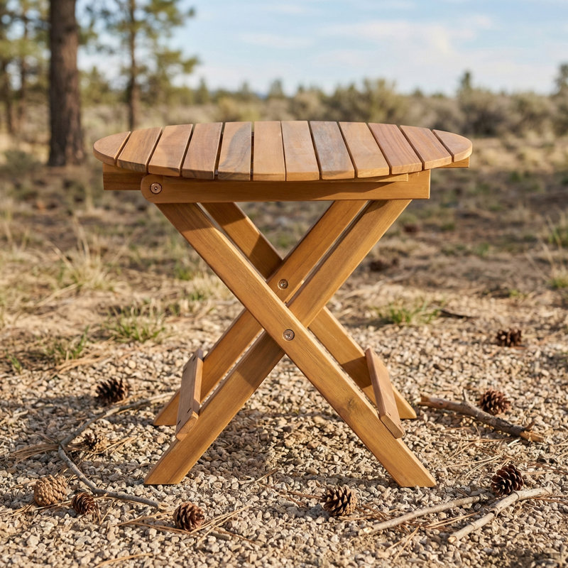 Outdoor side table made of acacia wood with a teak finish. Features a foldable and adjustable design. Requires no installation.