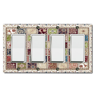 Metal Light Switch Plate Outlet Cover (Colorful Block Pattern Flowers - Quadruple Rocker)