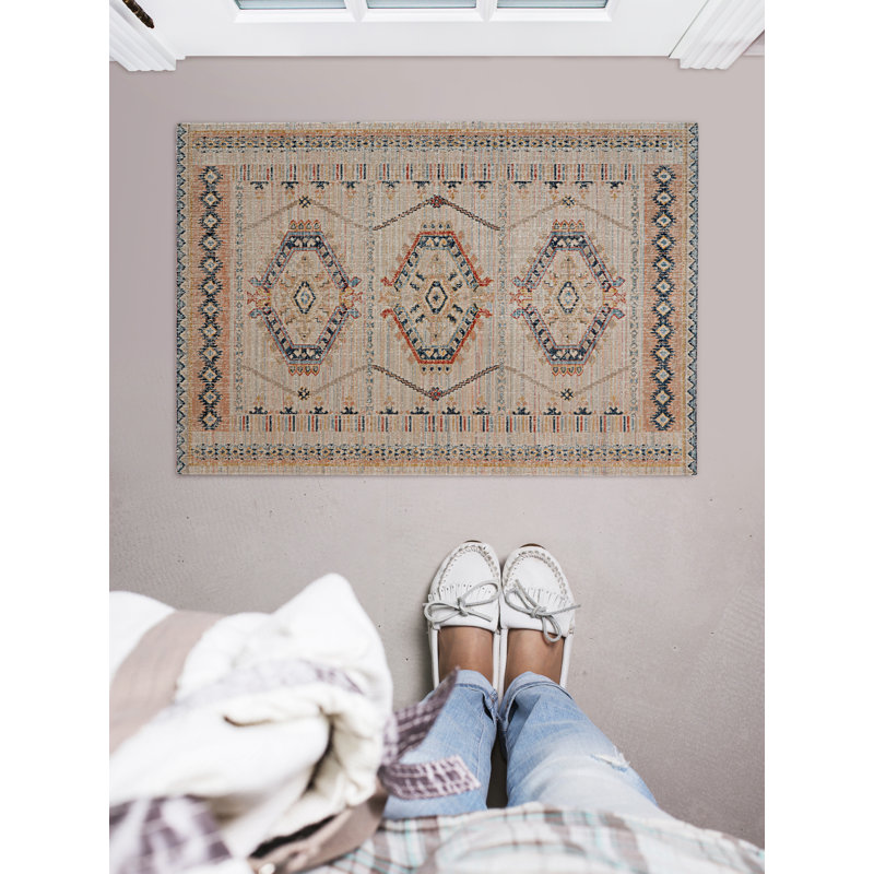 Tapis oriental rectangulaire en polyester tissé à la machine ivoire / terre cuite Presli, Rectangle 2 pi x 3 pi