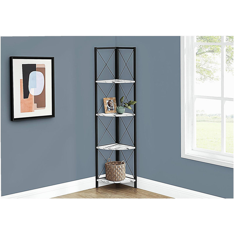 Bibliothèque d'angle à quatre couches avec tablette en éventail et structure en métal en forme de X, idéale pour les bureaux ou les chambres à coucher