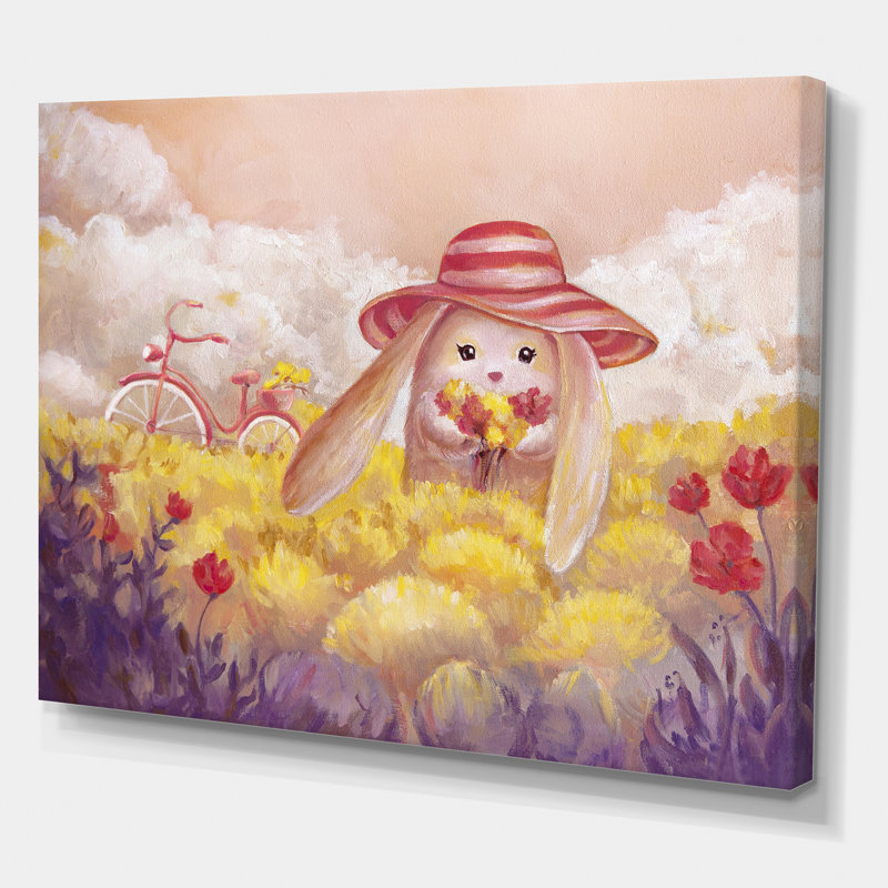 Petit lapin avec des fleurs - Peinture sur toile, H 16 po x l 32 po x p 1 po, Toile tendue