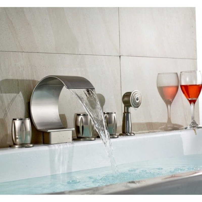 Triple Handle Deck-Mount Waterfall Bathtub Faucet with Handheld Shower – Brushed Nickel Finish
