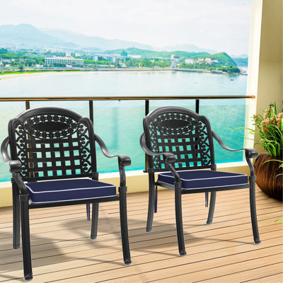 2 chaises de patio en fonte d'aluminium, structure noire, coussins, corrosion, paire de sièges larges, 2 pièces, sièges rembourrés confortables et noirs, empilables