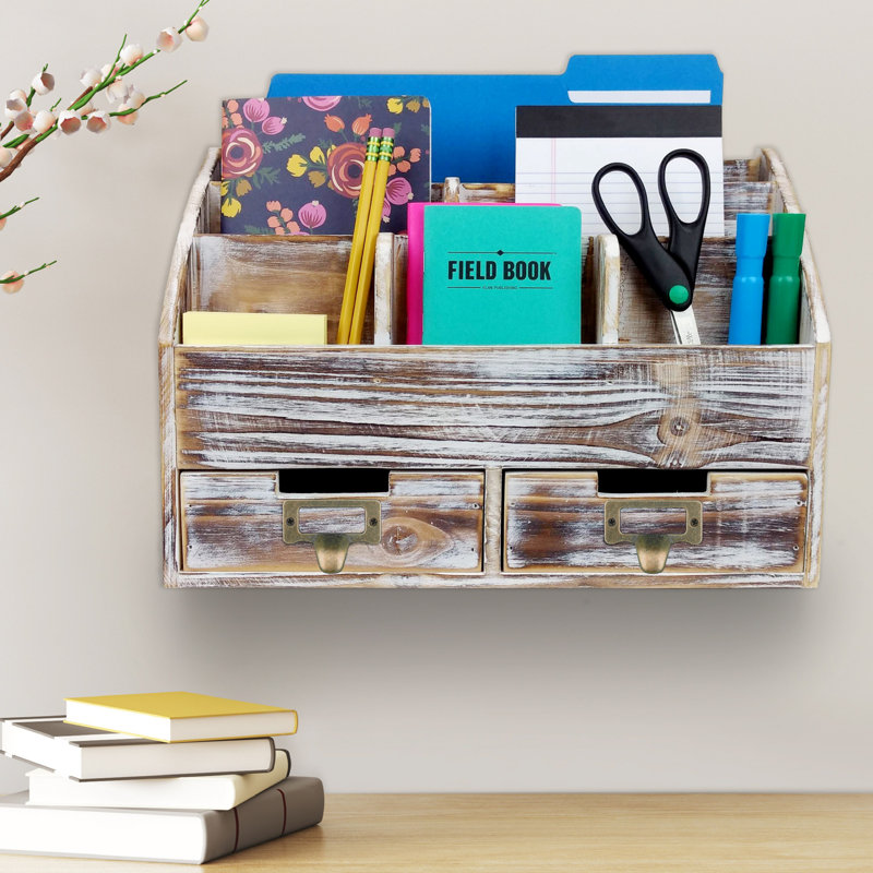 Rustic Brown Wood Multifunction Desk Organizer with Drawers