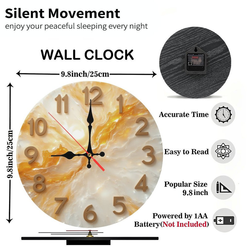 Marbled Gold Clock With Wooden Numbers