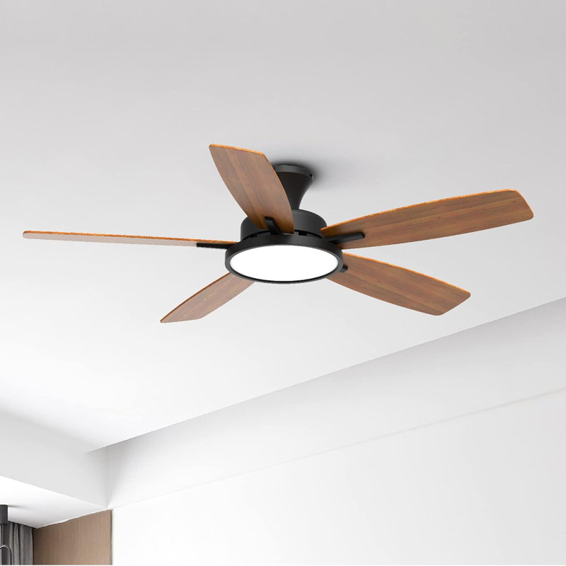 52 Inch Ceiling Fans With Lights Remote Control Quiet Fan (Set Of 2), Black/Natural Wood