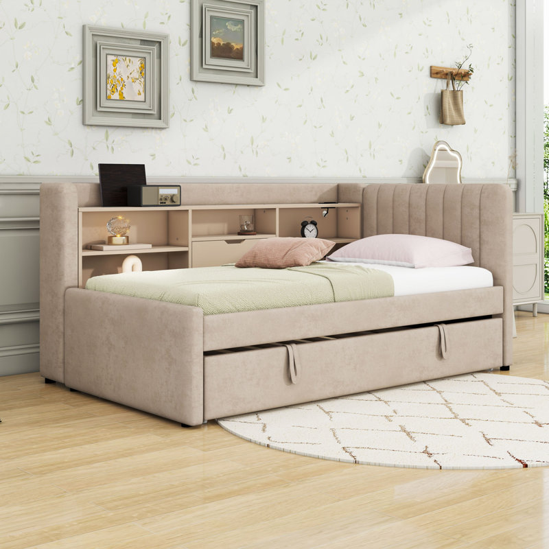 Twin Upholstered Daybed with Pull-Up Trundle and Shelves and Charging Station, Beige