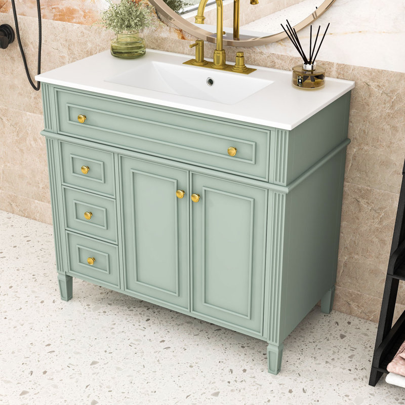 Meuble-lavabo de salle de bain avec tiroir rabattable, 2 tiroirs de rangement, lavabo en céramique et portes à fermeture en douceur