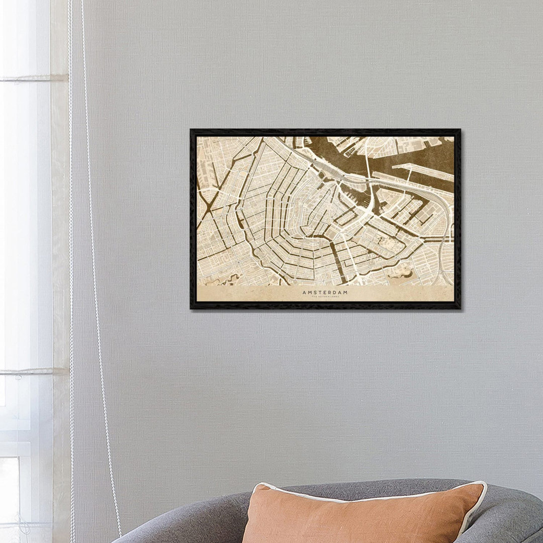 Sepia Vintage Map Of Amsterdam von Blursbyai - Galerie-verpackte Leinwand Giclée auf Leinwand