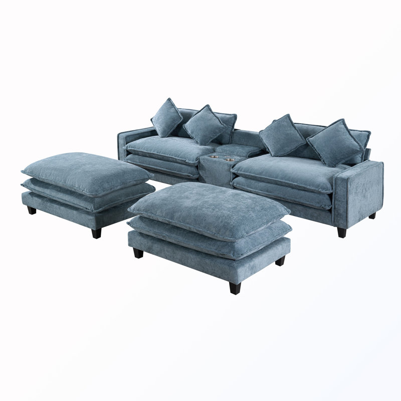 Canapé modulaire rembourré avec 2 repose-pieds, 2 ports USB et 2 porte-gobelets, Light Blue