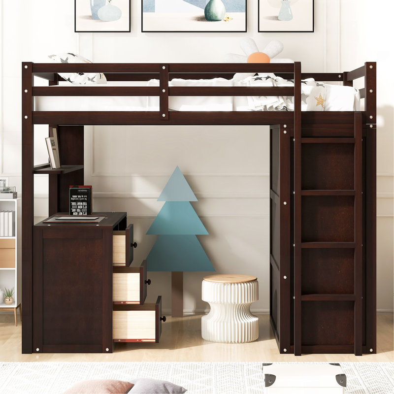 Lit mezzanine avec tiroirs, bureau et armoire-espresso, Lit simple