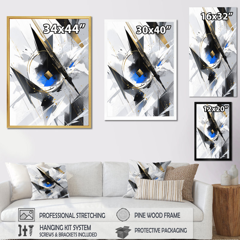 Bleu, noir, cubiste, symphonie I - impression, Cadre simple noir, H 20 po x l 12 po x P 1 po