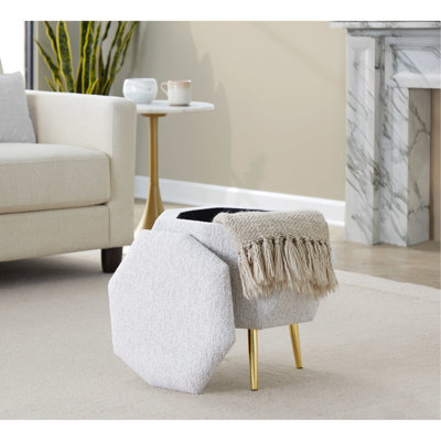 Métal doré multi-usages et tissu gris, design élégant, rangement avec couvercle amovible, largeur de l'emballage de 19 po, profondeur, hauteur de 14 po, poids du produit de 12 lb, accents de 18,34 po, fonctionnalité, look contemporain,