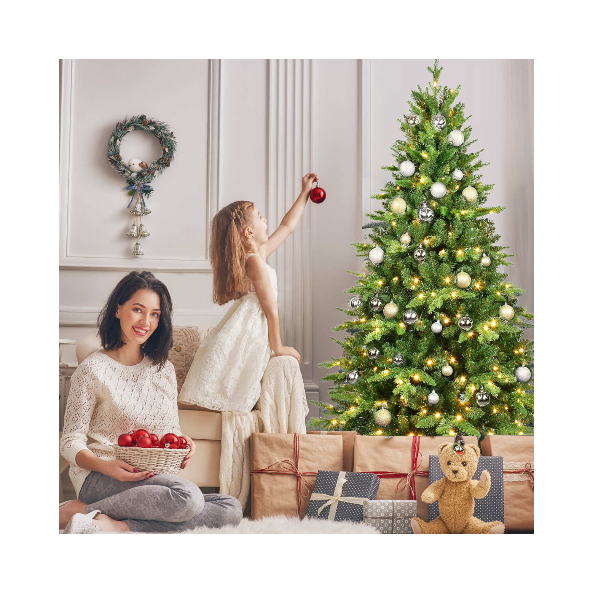 Pre-Lit Green Artificial Christmas Tree with PE & PVC Mixed Branches, LED Lights, 6'