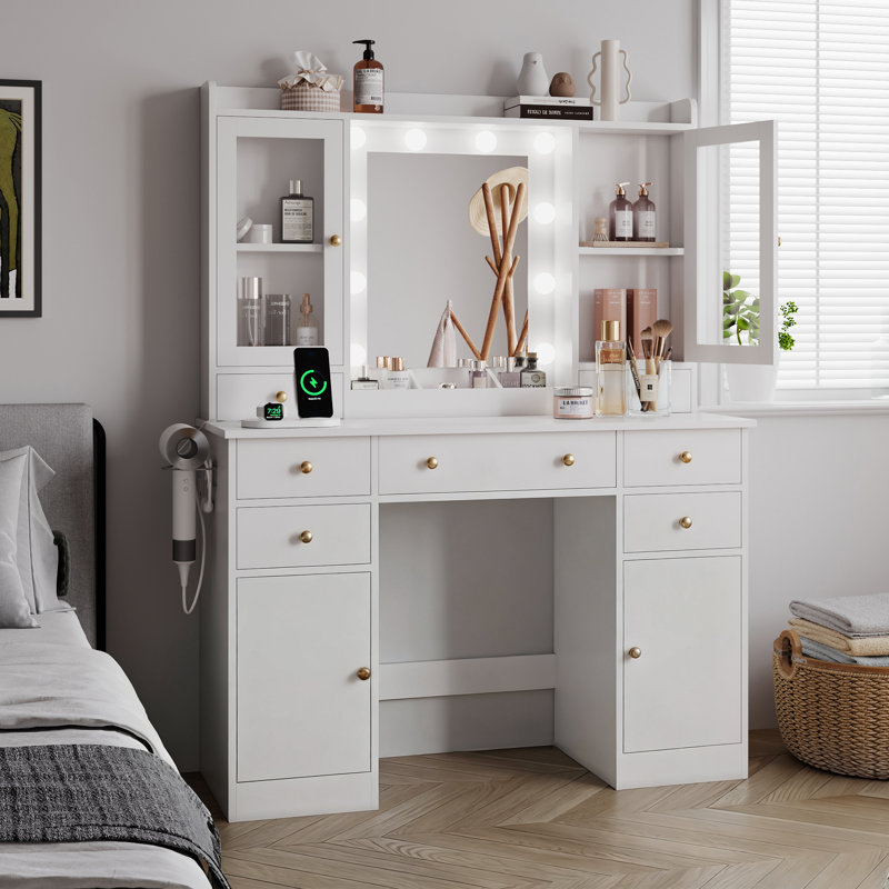 Makeup Vanity Desk with LED Lighted Mirror & Power Outlet & 5 Drawers Dressing Table, White