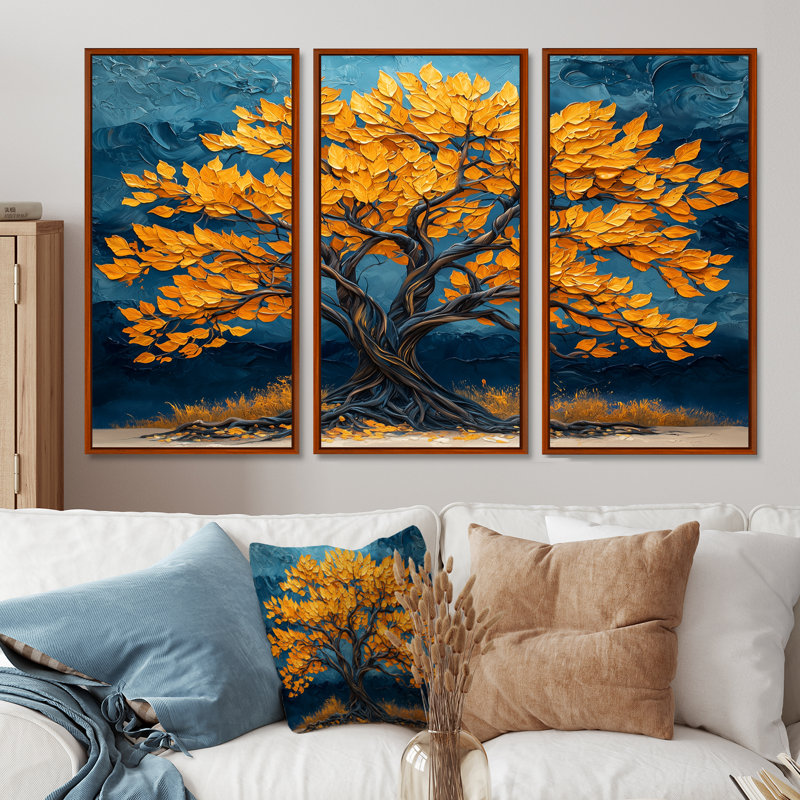 Arbre africain dans des tons jaunes et bleus - ensemble d'art mural arbre de vie, Toile avec cadre flottant brun
