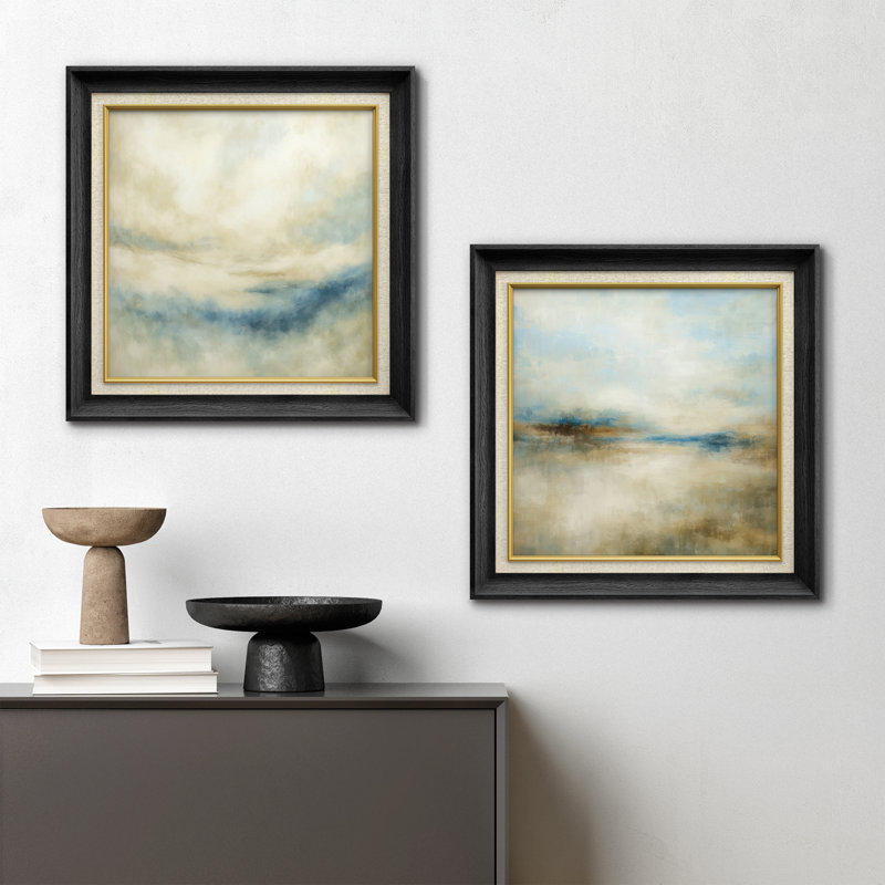 Doux paysage abstrait neutre dans des tons de beige et de bleu clair, œuvre d'art encadrée de la chambre principale, 2 pièces