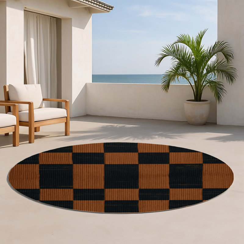 Tapis d'intérieur et d'extérieur à carreaux bleu, Rond 5 pi