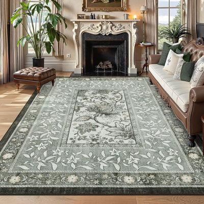 Tapis lavable gris « Brise champêtre du soir », 2,44 m x 3,05 m, pliable, à poils courts, en imitation laine fine avec envers antidérapant en TPR, idéal pour le salon, la chambre, la salle à manger, la cuisine et l'entrée. Décoration intérieure.
