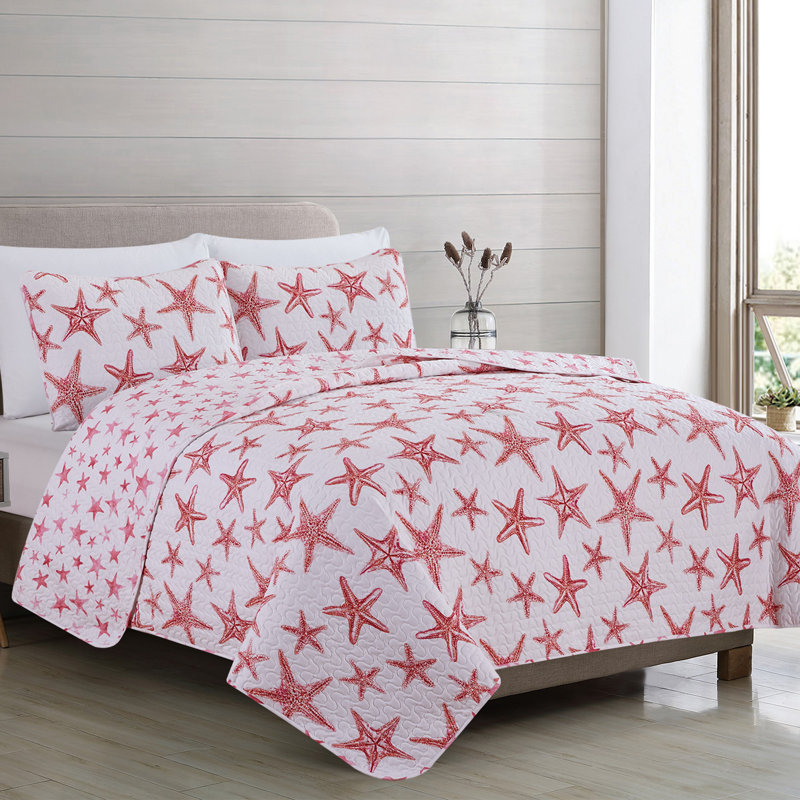 Nautical Blue Starfish Reversible Quilt Set with Shams, King Quilt + 2 King Shams, Blue