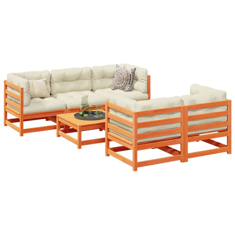  Ensemble de canapé de patio 6 pièces avec coussins en bois de pin brun massif