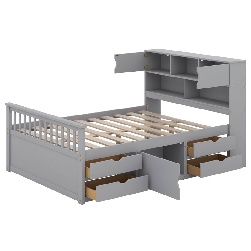 Base de lit plateforme double pleine grandeur avec tablettes de rangement, 4 tiroirs et tête de lit bibliothèque, gris