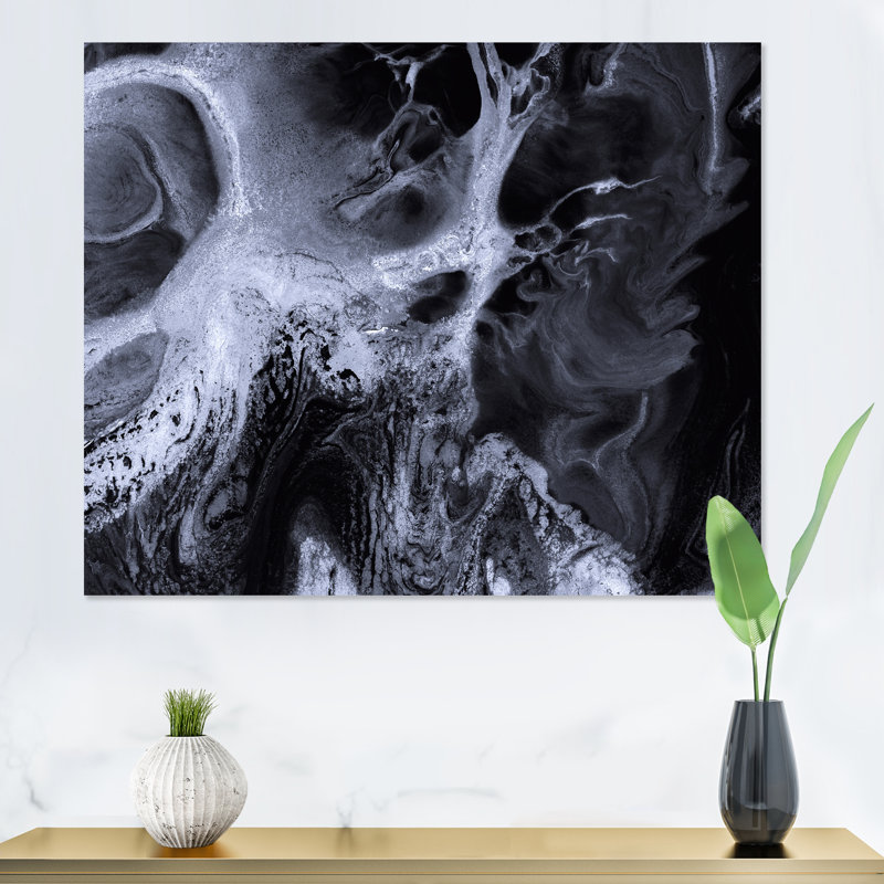 «Black and White Marble Waves», reproduction sur toile, H 12 po x l 20 po x P 1 po, Cadre photo doré