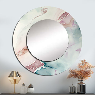 Sudden Solitude in Elevated Blush V - grand miroir à encre liquide, décor de miroir mural rond bleu unique, impression d'art en métal