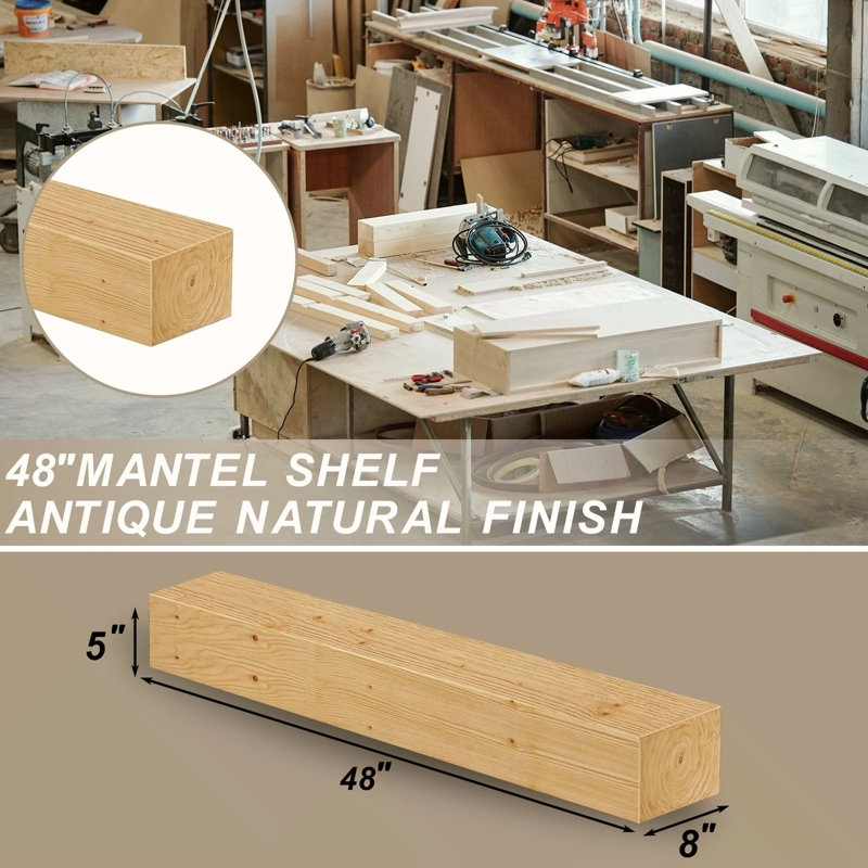 Fireplace Mantel,48" Wood Floating Fireplace Shelves,Wall Mounted Wooden Display Shelving,Handcrafted Wood Brack,Natural Mantels Over Fireplace,48" X 8" X 5"-Clear Varnished Natural Wood