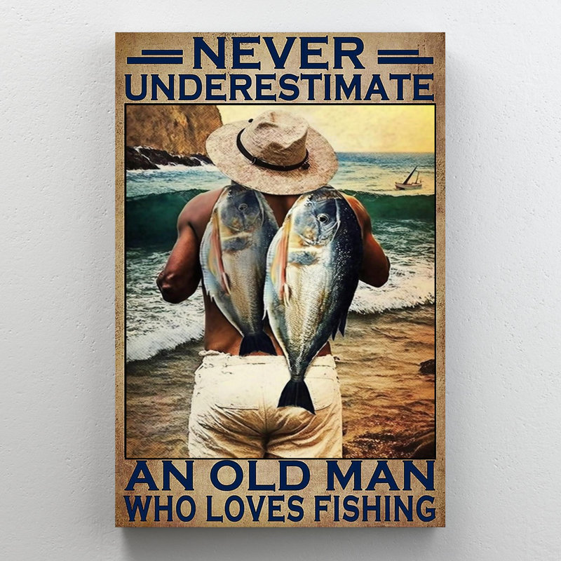Arnaldo, un vieil homme qui aime la pêche sur toile, impression, H 36 po x l 24 po x P 1,25 po