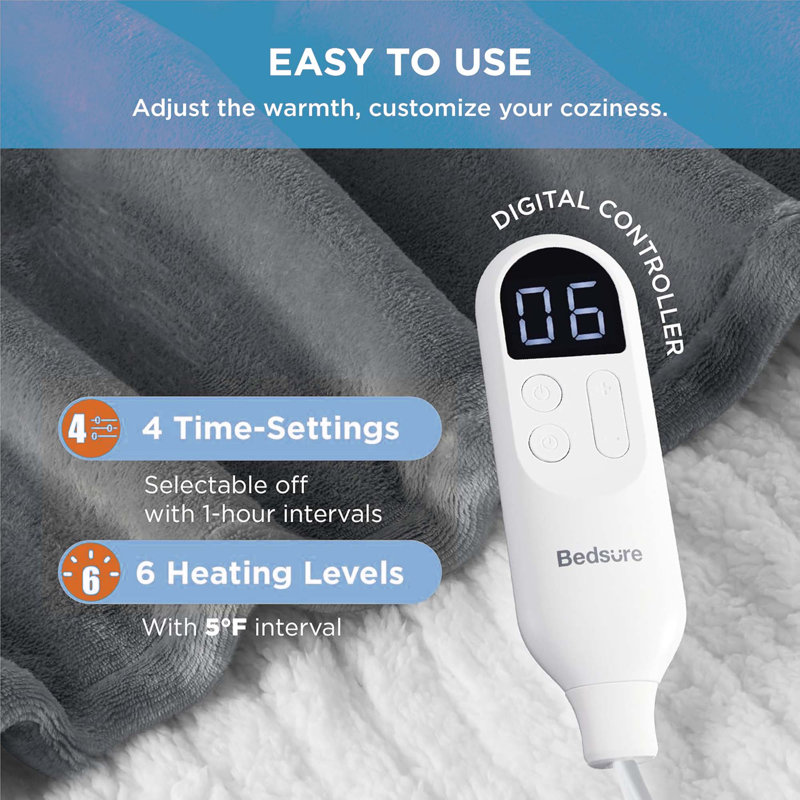 Jeté électrique chauffant 50 po x 60 po, flanelle douce, 4 minuteries et 6 réglages de chaleur, gris douillet
