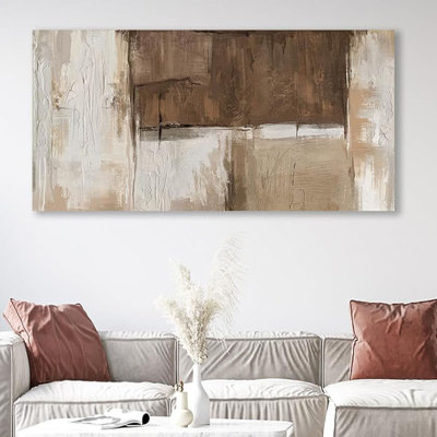Large Rustic Abstract Wall Art (Beige Brown, Gallery Wrap, 48" X 24"), Vintage Neutral Abstract Pictures Wall Decor Modern Minimalist Artwork Canvas Painting Prints For Living Room Office