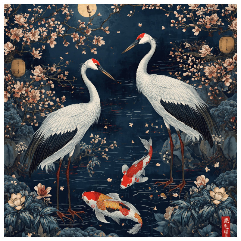Cranes And Koi Fish Comforter, Twin