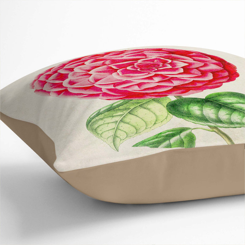 Bright Pink Camellia Flower Illustration Floral Square Throw Cushion, 40cm H x 40cm W x 15cm D, Stone