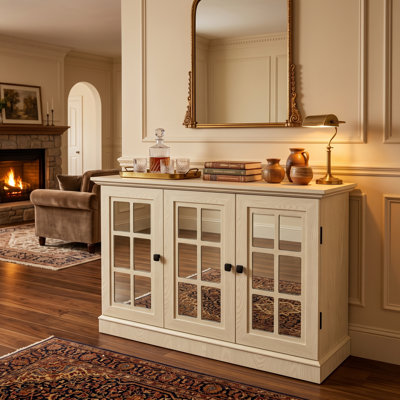 44.96" White Oak Storage Sideboard with 3 Mirrored Doors & Adjustable Shelves
