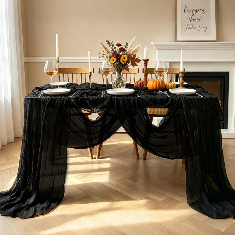 Chemin de table noir, chemin de table en étamine 10 pi noir, chemin de table 35 * 120 pouces Boho pour décorations de fête de table d'Halloween