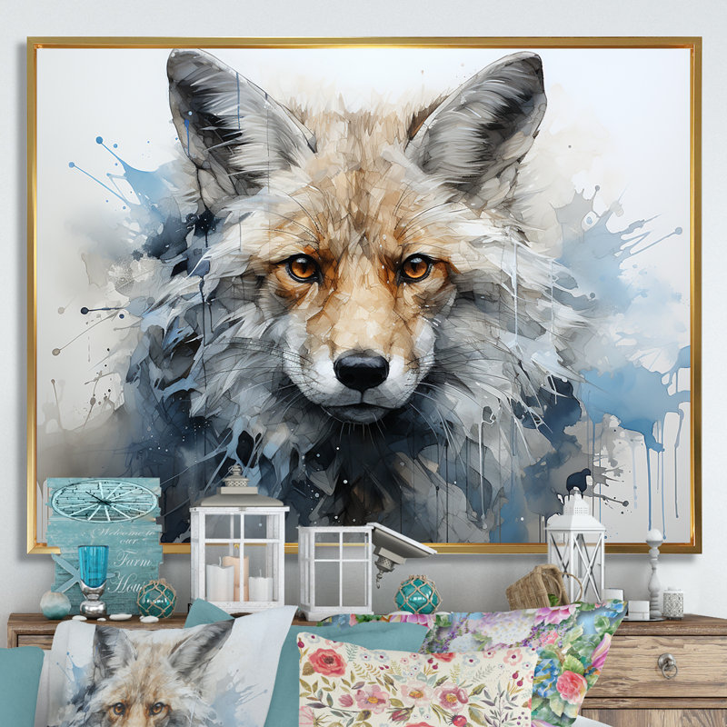 Portrait de renard bleu et blanc, Cadre flottant doré, H 34 po x l 44 po x P 1,5 po
