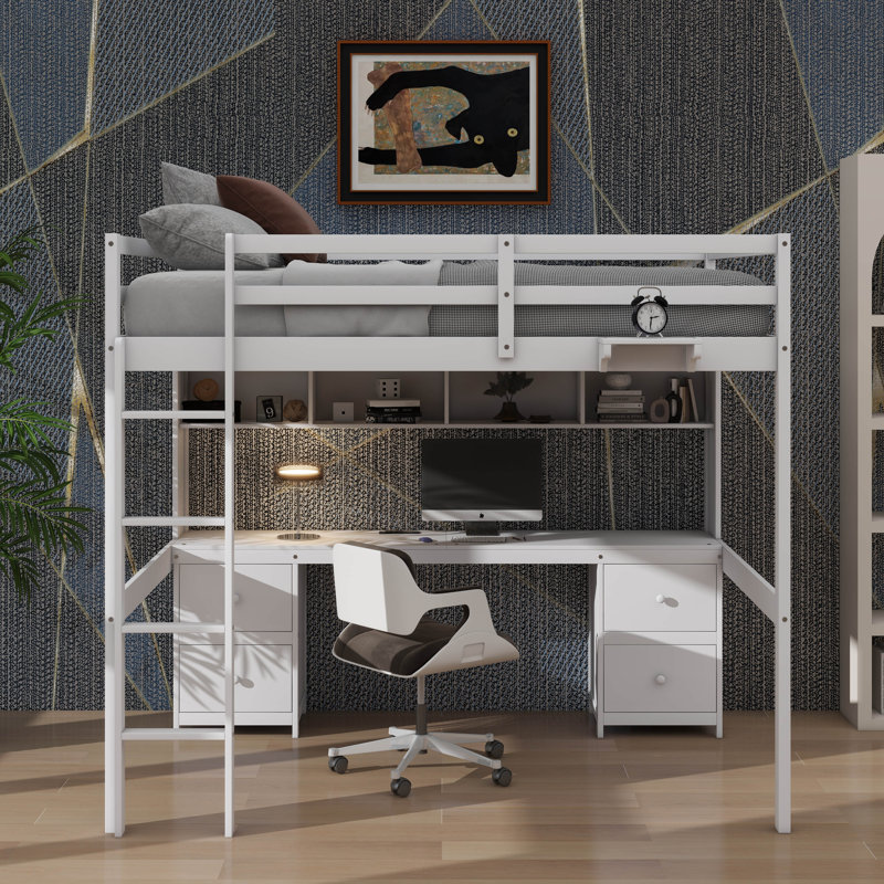 Lit mezzanine double avec bureau, armoires, tiroirs, tablette de chevet et prise de recharge