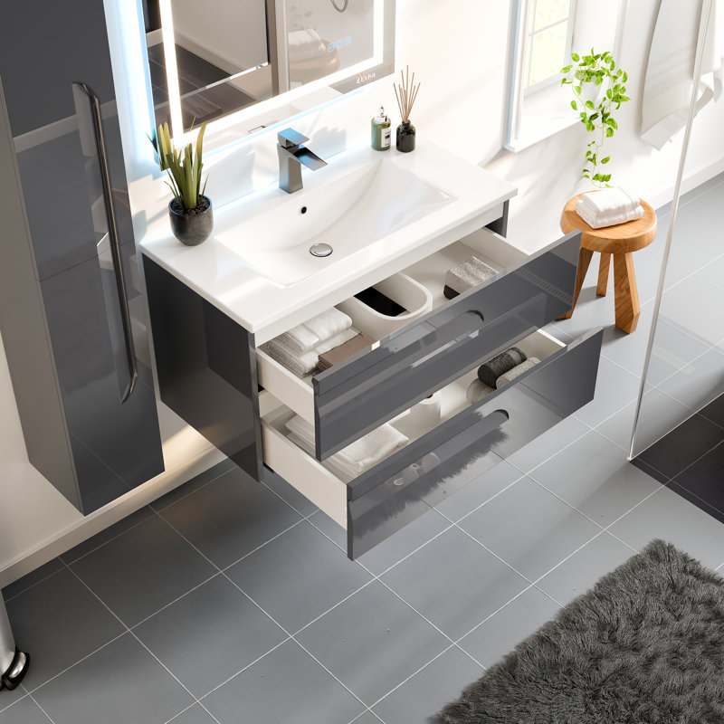 Meuble-lavabo bleu l 24 po x P 22 po avec plateau en marbre de Carrare Minnich, Gris