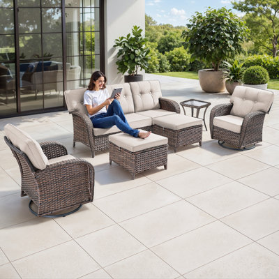 Harbor 6-Piece Outdoor Wicker Patio Furniture Set, 5" Thick Cushioned Rattan Set With Swivel Chairs & Ottomans