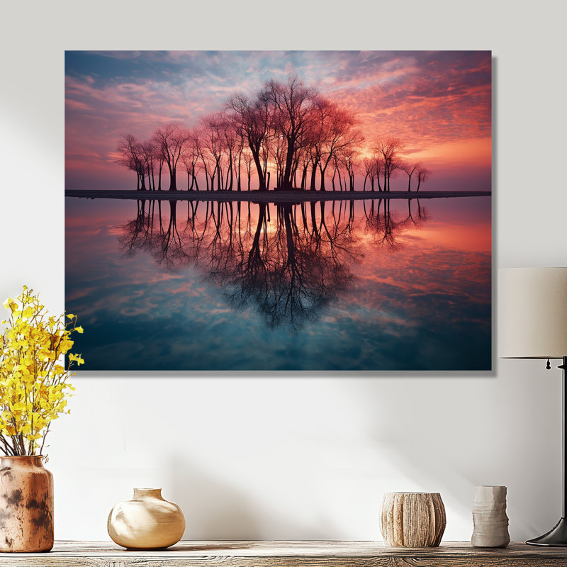 Arbre, silhouette, reflets, soirée, lac, coucher de soleil, art mural, Sans cadre, métal, H 30 po x l 40 po