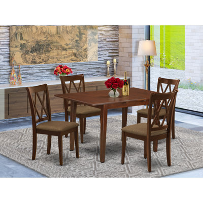 Ensemble de salle à manger 5 pièces comprenant une table de salle à manger rectangulaire avec rallonge papillon et 4 chaises de salle à manger en tissu de lin, acajou