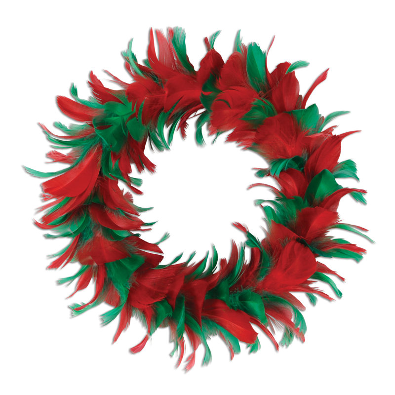 Faux Feather Wreath, Red/Green, 12"H x 12"W