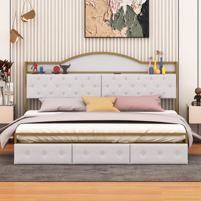 Jaman King Metal Platform Bed With 3 drawers, Storage Headboard -  Everly Quinn, 745A5E30C5DD48FFB09DD1A3FF78E4BC